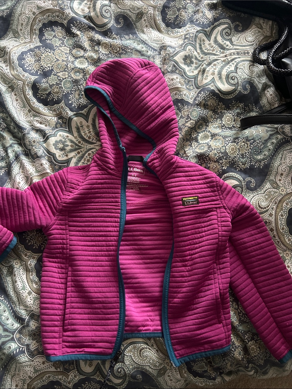 L.L. Bean Girls' Magenta Hooded Quilted Fleece Jacket with Teal Trim